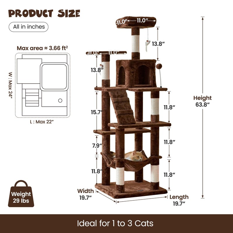MWPO 63.8 inches Multi-Level Cat Tree for Large Cats with