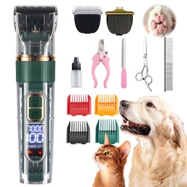 Dog Furclipper, Professional Pet Grooming Kit, Cat Clipper for Long Hair, with LED Display and 4 Limiting Combs, 3-Level Speed Control, IPX7 Waterproof, Easy to Clean