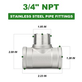 TAISHER 5PCS 304 Stainless Steel Tee Pipe Fittings, 3/4" NPT Female x 3/4" NPT Male x 3/4" NPT Female Pipe Fittings, Male Branch Tee