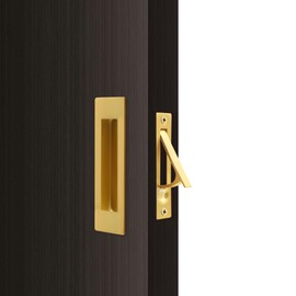 Dontay 2 Set Pocket Door Pull Handle,304 Stainless Steel, Rectangle Recessed Flush Finger Pulls&Edge Spring Pull,No Lock,Hardware Set for More Than 1-1/8” Thickness Sliding Door(Satin Brass,4.7'') ﻿