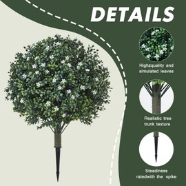 KMTOSA Artificial Boxwood Topiary Shrub with White Flowers,Set of 2 Artificial Boxwood Ball Bush with Metal Spike, UV Resistant Realistic Faux Shrubs for Garden, Yard, Patio, Porch Outdoor Decor