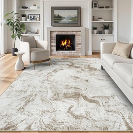 9x12 Area Rug Living Room Rugs: Washable Rug Non Slip Modern Abstract Large Soft Low Pile Carpet Indoor Floor Non-Shedding Carpets for Bedroom, Farmhouse, Dining, Nursery, Office, Home Decor Beige