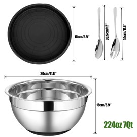 ShineMe Stainless Steel Salad Bowl with Lid and Serving Utensils, Large Metal Bowl for Preparing, Mixing, Marinating, and Serving with Anti-slip Bottom, Unbreakable Kitchen Bowls 7QT