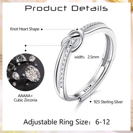 JeweBella 925 Sterling Silver Rings for Women Elegant Love Knot Ring Adjustable Finger Ring Wedding Rings Engagement Ring Wedding Rings Zirconia Women's Ring Silver/Gold/Rose Gold, Silver