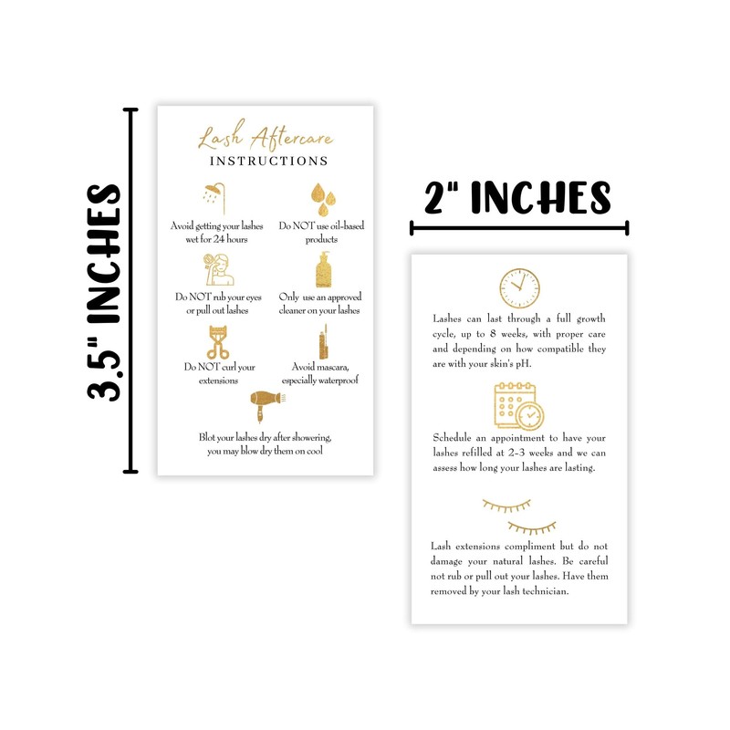 Lash Extension Aftercare Instructions Cards | 50 Pack | Size
