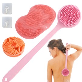 Silicone Body Scrubber Set,Dual-Sided 2-in-1 Silicone Handheld Body Skin Hair Brush,Non-Slip Long Handle Silicone Back Scrubber & Foot Scrubber Mat Back Washer Pad Wall Floor Mounted Suction Cups