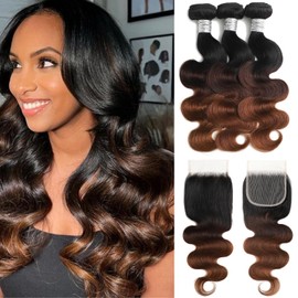 ANMETAN 1B/2/30 Ombre Body Wave Human Hair Bundles With Closure, 10A Chestnut Brown 3 Bundles and 4x4 HD Lace Closure Free Part (12/14/16+12 Inch) Real Remy Hair Wavy Thick 3 Tone Weave With Dark Root