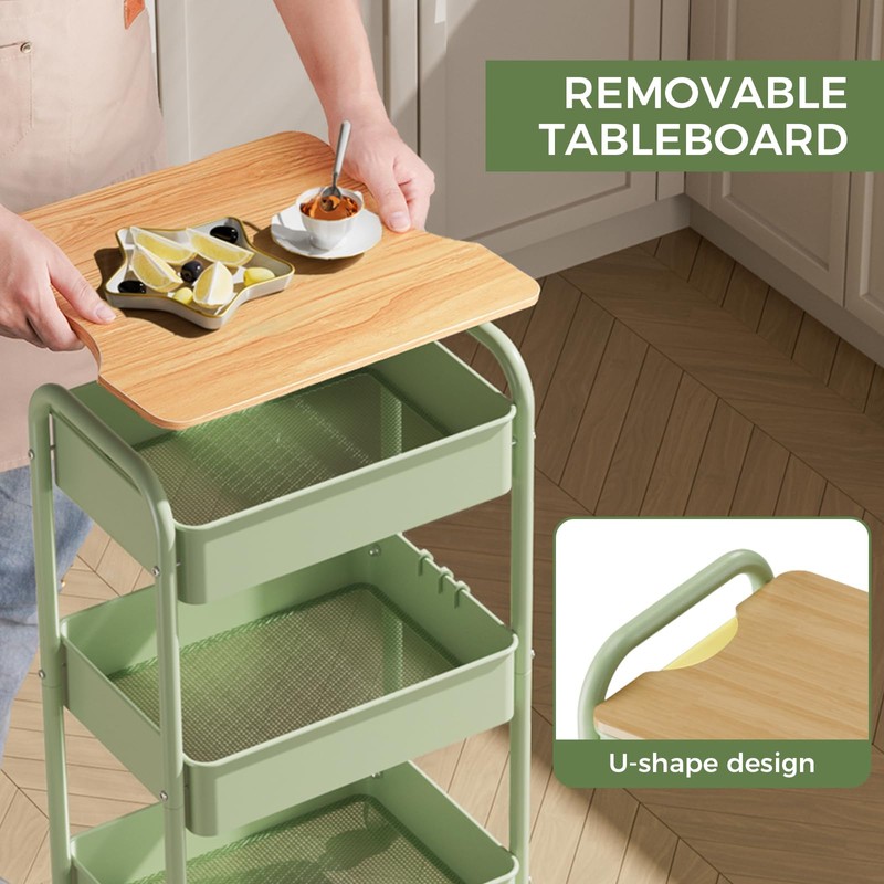 johgee 3 Tier Rolling Cart with Table top, Metal Rolling