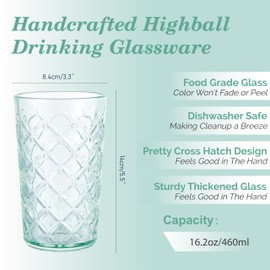 CREATIVELAND Drinking Highball Glasses Set of 4, Vintage Cross Hatch Glass Cups, 15.5oz Tall Drinking Water Glasses, Dishwasher Safe Green Glass Tumbler Glassware for Water, Juice, Cocktail, Coffee
