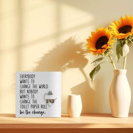 FHUGX Funny Bathroom Wooden Box Sign,Everybody Wants To Change The World Wood Box Sign,Funny Bathroom Toilet Paper Sign For Home Bathroom Toilet Tabletop Shelf Decor,5x5 Inch