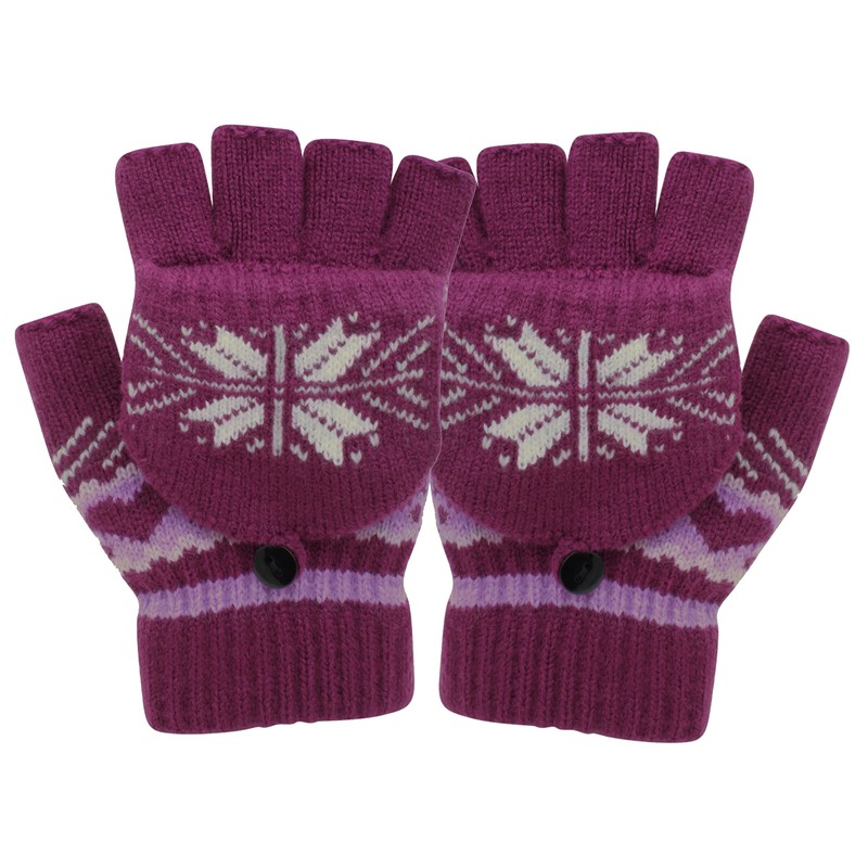 Atania Ladies Fairisle Fingerless Mitten Cap Gloves Purple