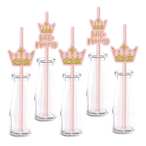 Little Princess Party Straw Decor, 24-Pack Pink Gold Girl Baby Shower Kids Birthday Party Decorations, Paper Decorative Straws