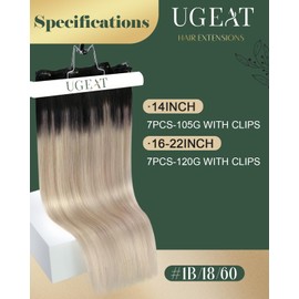 Ugeat Clip in Hair Extensions Ombre Black to Ash Blonde Mix Blonde Double Weft Human Hair Clip in Extensions Black Ombre Short 14 Inch Silky Straight Easy to Wear 7pcs 100g