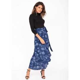 likemary Women's Maxi Wrap Skirt - Long Maxi Skirt with Floral Pattern - Casual & Comfortable - High Adjustable Waist - Ideal for Summer or Winter, Beach, Holiday & Party - Versatile - Floral Blue Floral, size: M/L (38-42)