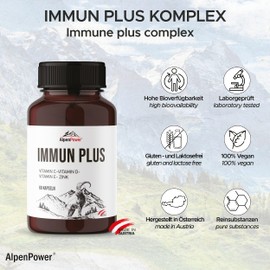 AlpenPower Immun Plus Complex 60 Capsules - Vitamin C + Vitamin D3 + Vitamin E + Zinc for Optimal Support of the Immune System - High Bioavailability - Made in Austria - 60 Daily Doses