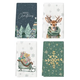 Artoid Mode Trees Reindeer Sleigh Snowflakes Merry Christmas Kitchen Towels Tea Towels 42 x 65 cm Christmas Decoration Polyester Towels Set of 4