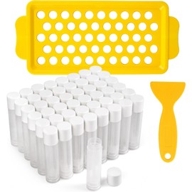 LotFancy- 【LO QUE OBTIENE】1 bandeja, 1 espátula y 50 tubos de bálsamo labial vacíos transparentes con tapas blancas a presión; Cada tubo es de 5,5 ml (3/16 oz), el tamaño perfecto para bálsamo labial