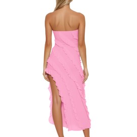 HOCILLE Women's Sexy Strapless Tube Bodycon Ruffle Split Maxi Long Cocktail Party Dresses, Small, Pink