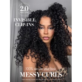 LUVME Invisible Clip in Hair Extensions 2Pack Messy Curly Real Human Hair, Remy Hair Clip ins for Women, Natural Human Hair, 14 inch 220g 14Pcs, Natural Black