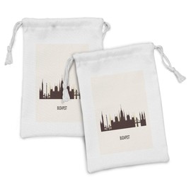 Ambesonne Hungary Fabric Pouch Set of 2, Silhouette of Budapest City Famous Eastern European Architecture Panorama, Small Drawstring Bag for Toiletries Masks and Favors, 9" x 6", Seal Brown and Ivory