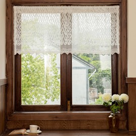 White Ruffle Lace Valance for Windows 20 Inch Length 1 Panel Shabby Chic Cascading Ruffles Sheer Valance Curtains for Kitchen Window, Rod Pocket Privacy Embroidered Scalloped Short Curtain, 50x20 Inch