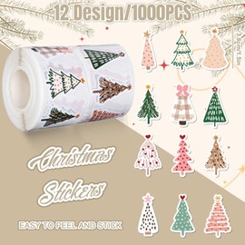 Whaline 1000Pcs Christmas Boho Stickers Xmas Pine Tree Decals 12 Design Self-Adhesive Stickers for Christmas Birthday Holiday Party Decor Supplies, 2 Rolls