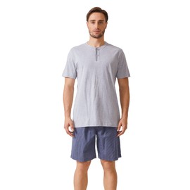DAVID ARCHY Men's Cotton Short Henley Sleepwear Pajamas Soft Comfortable Classic Button-Down Woven Summer Set (S, Gray/Navy Blue Stripe)