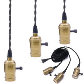 Swpeet Copper Vintage Triple Light Sockets Pendant Hanging Light Cord with Switches, E26 / E27 Solid Industrial Triple Lamp Sockets Cord for Kitchens, Dining Rooms, Bars and Restaurants (Copper)