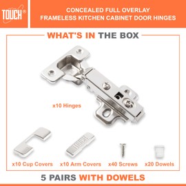 TOUCH Cabinet Hinges (5 Pairs, 10 PCS) Frameless Cupboard Door Hinge Full Overlay Concealed European Clip-On Hinges for Kitchen Cabinet 3-Way Adjustable with Dowels