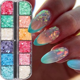 Holographic Nail Glitter Sequins 3D Flakes Laser Gradient Nail Art Design Sequins Shiny Nail Glitter for Acrylic Nails, 12 Colors Nail Art Sequins for Women Girls Manicure DIY Nail Art Decorations