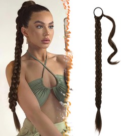 BARSDAR 26 Inch Long Braided Ponytail Extension with Hair Tie Straight Wrap Around Hair Extensions Pony Tail DIY Natural Soft Synthetic Hairpiece for Women -Dark Brown mix Auburn Evenly