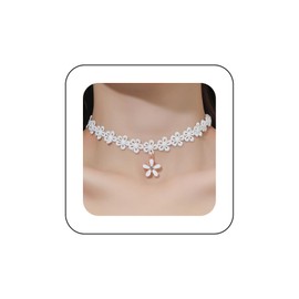 Inilbran Boho White Lace Choker Necklace Vintage Daisy Pendant Necklace White Hollow Flower Lace Necklace Lace Short Collar Necklace Jewellery for Women and Girls, Zinc