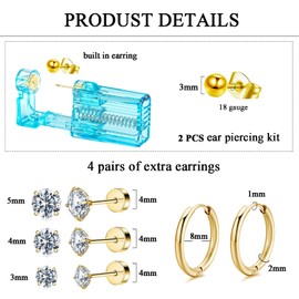 Ear Piercing Kit Ear Piercing Gun Disposable Ear Piercing Kit Gold with Flat Back Stud Earrings Gold Jewelry (TML-204-2)