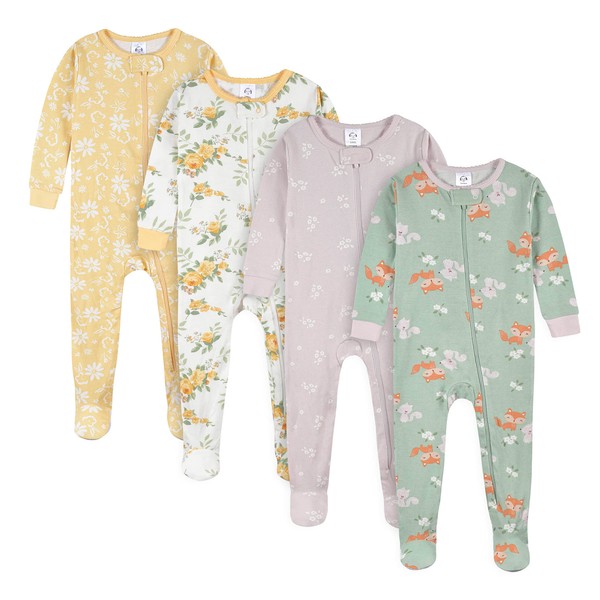 Gerber Baby Girl's 4-Pack Footed Pajamas, Roses and Fox, 12 Months