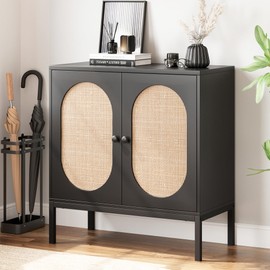 IDEALHOUSE Rattan Buffet Cabinet with Doors and Shelves, Black Console Cabinet for Living Room, Dining Room, Hallway