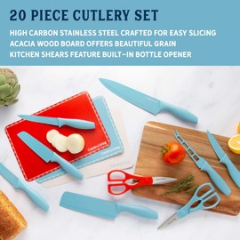 Country Living 20-Piece Kitchen Knife Quality Stainless-Steel Blades with Guards, Complete Set includes Knives, Shears, Acacia Cutting Board and Flexible Chopping Mats, Blue