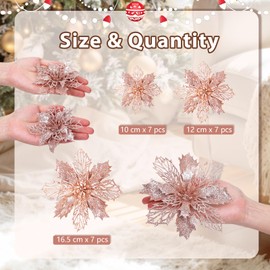GWHOLE 21 Pack of Christmas Artificial Poinsettia Flowers Christmas Glitter Poinsettia for Tree Decorations Mantel Wreath Crafts Decorations (Pink)