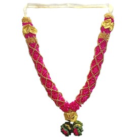 Grehge Indian Garland Haar Mala for Idol of 15 to 18 Inches Frame Red Satin Ribbon / Golden Bead
