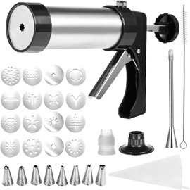 Churro Maker Machine Kit - Stainless Steel Churro Gun with 8 Piping Nozzles, 16 Discs, 1 Brush & Piping Bag, Multifunctional Cookie Press for Homemade Churros, Donuts, and Pastries