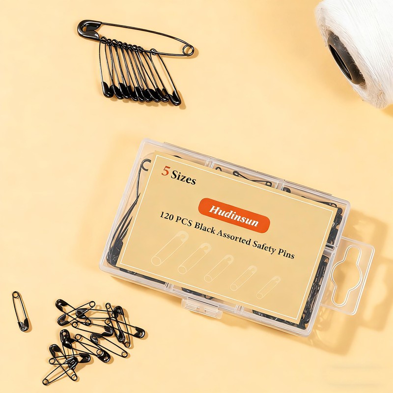 Hudinsun 120 PCS 5 Different Sizes Black Safety Pins Assorted,