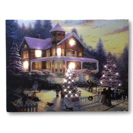 BANBERRY DESIGNS Christmas LED Canvas Print - Winter Scene Wall Art with a Victorian House in a Snowy Setting - Christmas Lights in the Trees Light Up - 16 X 12 Inches
