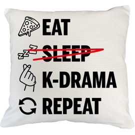 Make Your Mark Design Eat Sleep Kdrama Repeat, Korean Drama White Pillow Cover or Merchandise 20x20 in White Linen Throw Pillow Cover