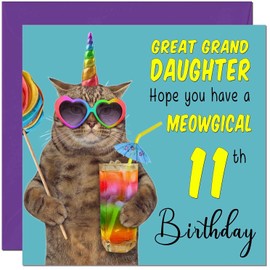 11th Great Granddaughter Birthday Card - Meowgical Cat Funny Birthday Card for 11 Year old Kids eleven, eleventh
