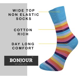 Bonjour - 6 Pairs Non Elastic Soft Loose Wide Top Cotton Socks for Women (Stripe)