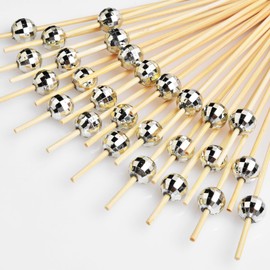 ALINK 100 Pcs Disco Ball Cocktail Picks, 4.7 in Disco Ball Decor Toothpicks for Appetizers, Drinks, Fruits, Silver Cocktail Skewers, Disco Party Decorations, Christmas, 70s Theme Party Supplies