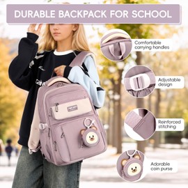 Amythe School Backpack Teenager Backpack Girls School Bag for 3rd 5th Grade, 40L Large Children's Backpack with Cute Coin Purse for 9-18 Years, Casual Daypack with Trolley Strap, purple