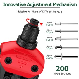 JiGiU 13" Heavy Duty Hand Riveter Tool Professional Pop Rivet Gun Rivet Tool Kit with 200PCS Rivets & 5 Nosepieces 3/32", 1/8", 5/32", 3/16", 1/4" for Metal Furniture Car Trailer