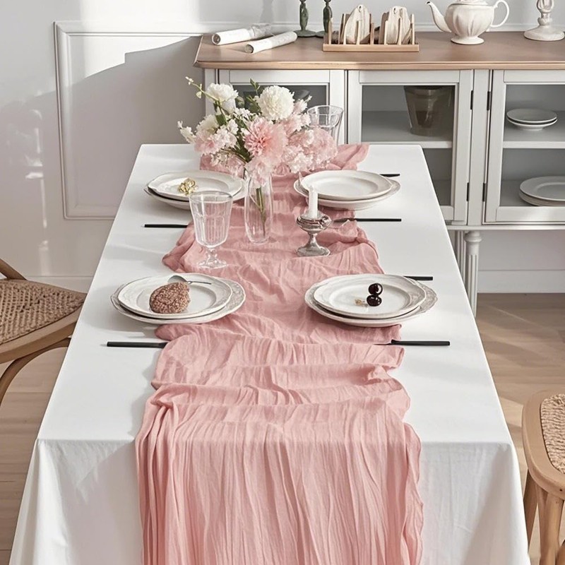 2 PCS Pink Cheesecloth Table Runners, 90x300 cm Boho Dusty