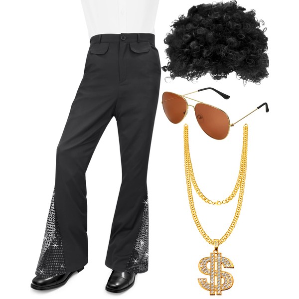 Men's 70s Disco Costume Sequin Bottom Pants with Wig Sunglasses Disco Necklace