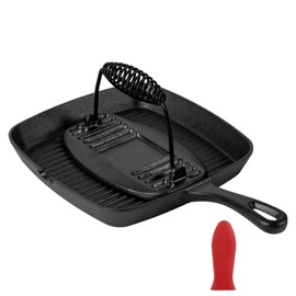 Tastedeli Cast Iron Grill Pan,9.25" Pre Seasoned Skillet with Pour Spouts,Silicone Handle Cover for Indoor and Outdoor Grilling,Durable Oven Safe,Stove Campfire Use(Black)